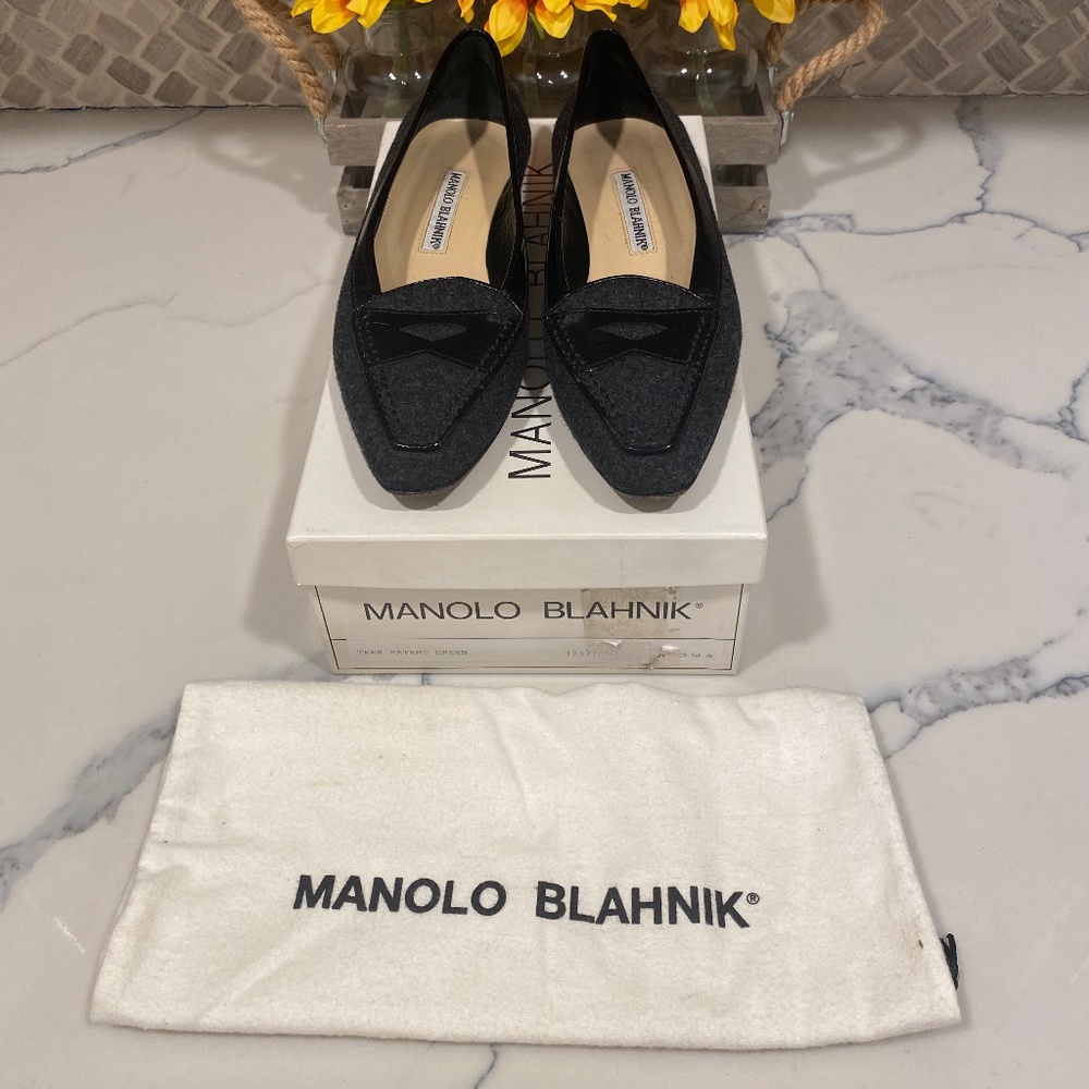 Manolo Blahnik Flannel and Patent Leather Flats